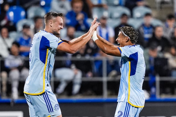 Atlanta United defender Stian Gregersen (left) celebrates after scoring a goal during Tuesday's win over Montreal.