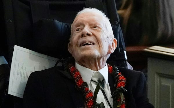 Former President Jimmy Carter departs after the funeral service for former first lady Rosalynn Carter at Maranatha Baptist Church in Plains, Ga., on Nov. 29, 2023. (Alex Brandon/Pool/AFP/Getty Images/TNS)