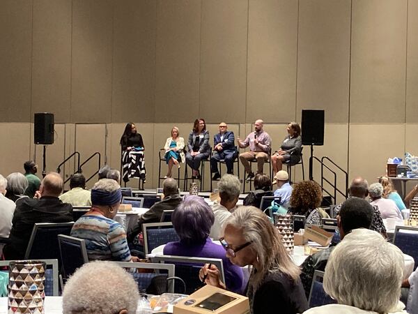 From left: Host Jackie Choice with panelists Deanna McEwen, Kroger pharmacist; Shannon Pawley attorney and CEO at The Estate & Asset Protection Law Firm; Samuel Ming Hin Lee,  Kaiser Permanente; Brenden Underwood, outreach coordinator, Georgia Relay; and Robin Washington, strategic account manager, Royal Caribbean International.