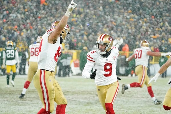 San Francisco 49ers' Robbie Gould celebrates after making the game-winning field goal during the second half of an NFC divisional playoff NFL football game against the Green Bay Packers Saturday, Jan. 22, 2022, in Green Bay, Wis. The 49ers won 13-10 to advance to the NFC Chasmpionship game. (AP Photo/Morry Gash)