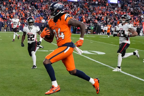 Denver Broncos wide receiver Lil'Jordan Humphrey (84) runs into the end zone for a touchdown against the Atlanta Falcons during the second half of an NFL football game, Sunday, Nov. 17, 2024, in Denver. (AP Photo/Jack Dempsey)