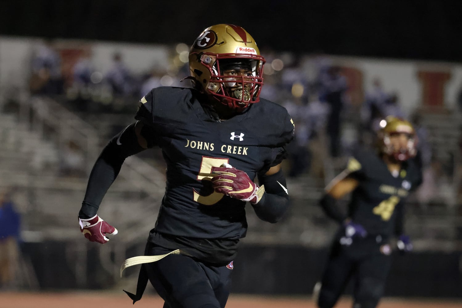 Sept. 24, 2021 - Johns Creek, Ga: Johns Creek wide receiver Josh Thompson (5) reacts after a touchdown catch during the second half against Riverwood at Johns Creek high school Friday, September 24, 2021 in Johns Creek, Ga.. Johns Creek won 40-32. JASON GETZ FOR THE ATLANTA JOURNAL-CONSTITUTION