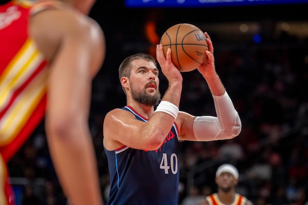 Los Angeles Clippers center Ivica Zubac (40) makes a free throw during the first half of an NBA basketball game against the Atlanta Hawks, Friday, March 14, 2025, in Atlanta. (AP Photo/Erik Rank)