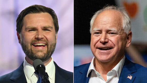 Vice presidential candidates (left to right): Republican U.S. Sen. JD Vance of Ohio and Democratic Minnesota Gov. Tim Walz. Both are campaigning in Georgia this week.