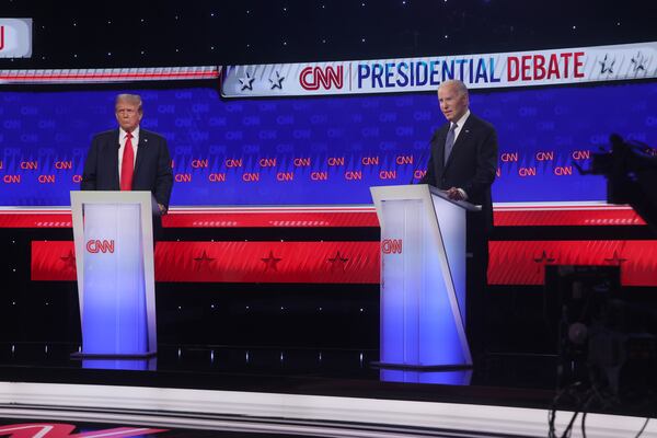 President Joe Biden and former President Donald Trump face off during their first presidential debate at CNN, Thursday, June 27, 2024, in Atlanta. (Jason Getz / AJC)
