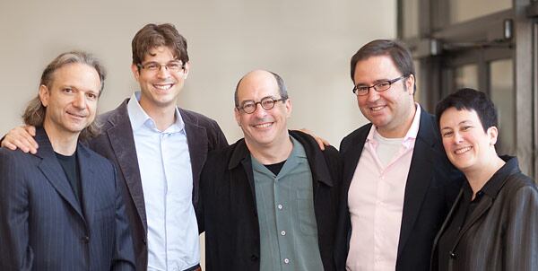 ASO music director Robert Spano (center) with composers Michael Gandolfi (from left), Adam Schoenberg, Christopher Theofanidis and Jennifer Higdon.