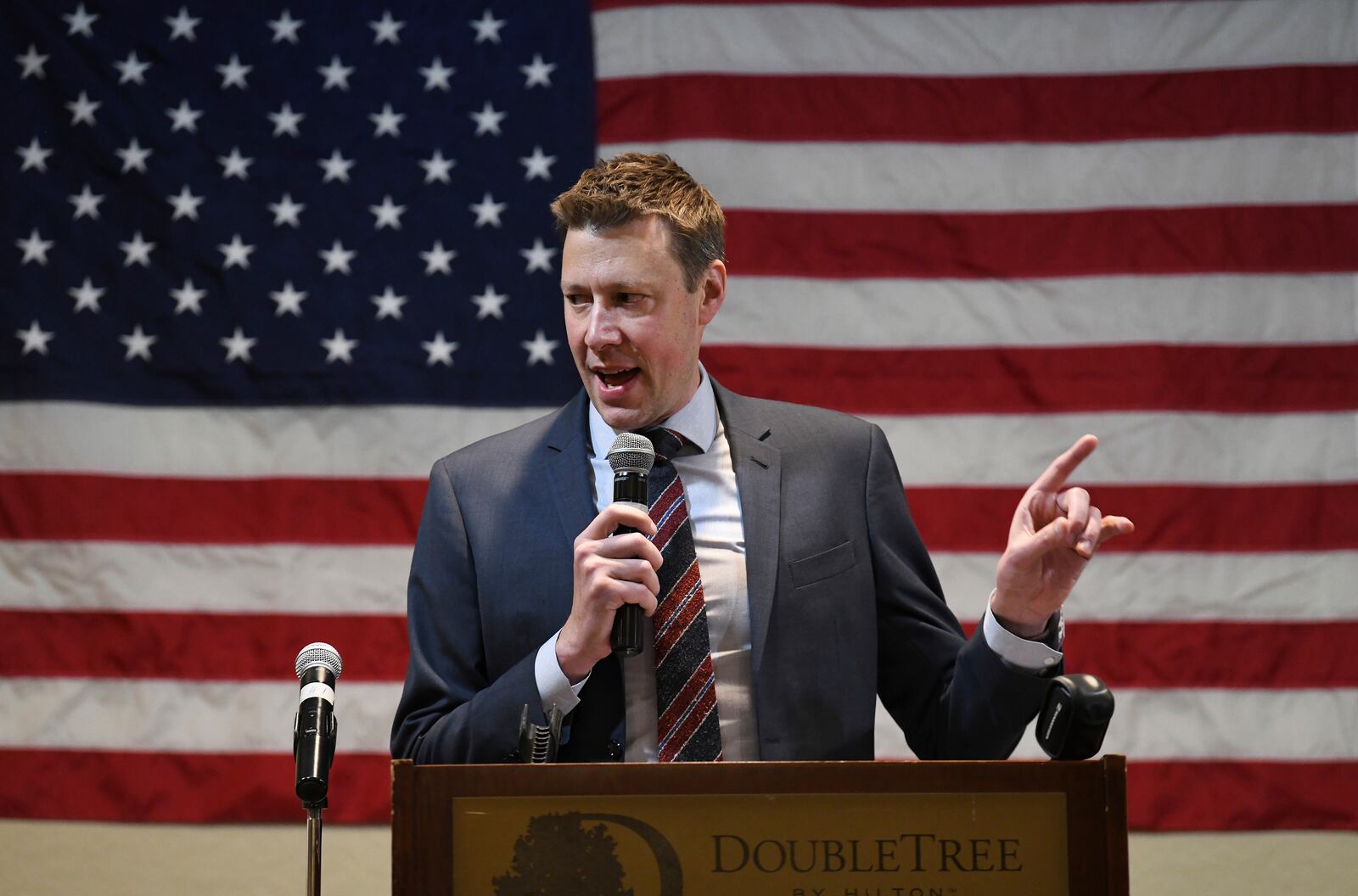 FILE - Josh Riley, New York's 19th Congressional District Democratic candidate, speaks to supporters gathered at his election party in Binghamton, N.Y., Nov. 8, 2022. (AP Photo/Heather Ainsworth, File)