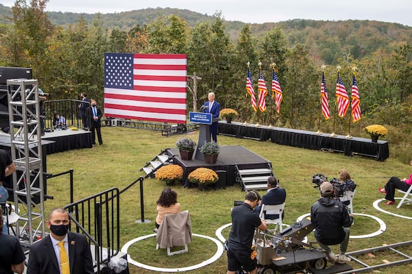 Democratic presidential nominee Joe Biden speaks during a rally in Warm Springs. Biden stressed the need for bipartisanship while also using the town's legacy of therapy to offer hope of recovery from the COVID-19 pandemic. “I’m running as a proud Democrat, but I’ll govern as an American,” he said, adding: “This place, Warm Springs, is a reminder that, though broken, each of us can be healed, that as a people and a country, we can overcome this devastating virus.” (Alyssa Pointer / Alyssa.Pointer@ajc.com)