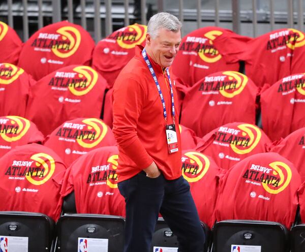 Atlanta Hawks owner Tony Ressler is all smiles taking in the scene at State Farm Arena while his team prepares to play the Philadelphia 76ers in game 3 of their NBA Eastern Conference semifinals series on Friday, Jun 11, 2021, in Atlanta. (Curtis Compton/Curtis.Compton@ajc.com)