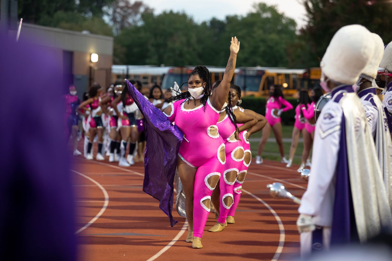 The Miller Grove Marching Band walks to the stands during a GHSA high school football game between Stephenson High School and Miller Grove High School at James R. Hallford Stadium in Clarkston, GA., on Friday, Oct. 8, 2021. (Photo/Jenn Finch)