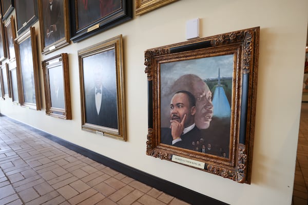 A portrait of the Rev. Martin Luther King, Jr. is shown on the second story of the Martin Luther King, Jr. International Chapel, Monday, March 18, 2024, in Atlanta. The U.S. Department of Energy is recognizing Morehouse on Tuesday for a 31% reduction in energy intensity. (Jason Getz / jason.getz@ajc.com)