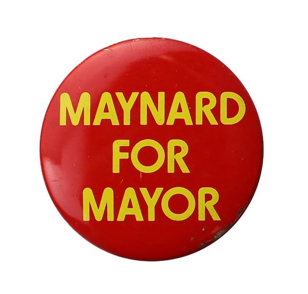 A Maynard for Mayor campaign button testifies to Maynard Jackson’s influential run as the first African-American mayor in a major Southern city beginning with his election in 1973. (Atlanta History Center)