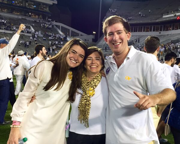 Katherine Strickland (left) celebrating on Grant Field last Saturday with her mother Sam and cousin Sam Werner, both Georgia Tech grads. (Courtesy Katherine Strickland)