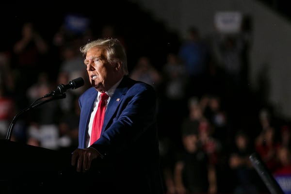 Former President Donald Trump, a candidate for the Republican presidential nomination, campaigns in Erie, Pa., July 29, 2023. (Maddie McGarvey/The New York Times)
                      