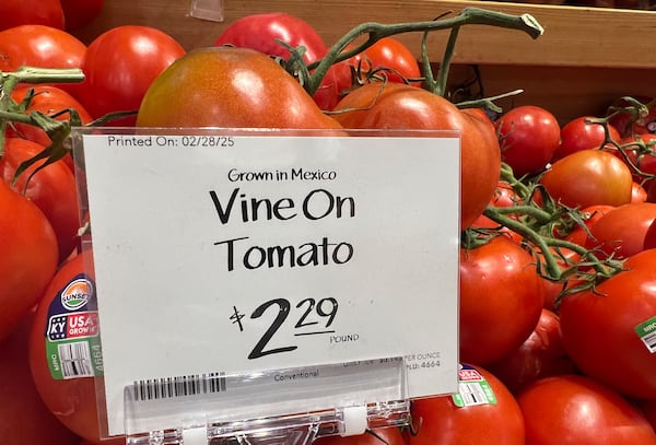 Tomatoes imported from Mexico are for sale in a supermarket in Miami as the United States imposed 25% tariffs on goods from Canada and Mexico, starting a trade war with its closest neighbors and allies Wednesday, Mar. 5, 2025. (AP Photo/Lynne Sladky)