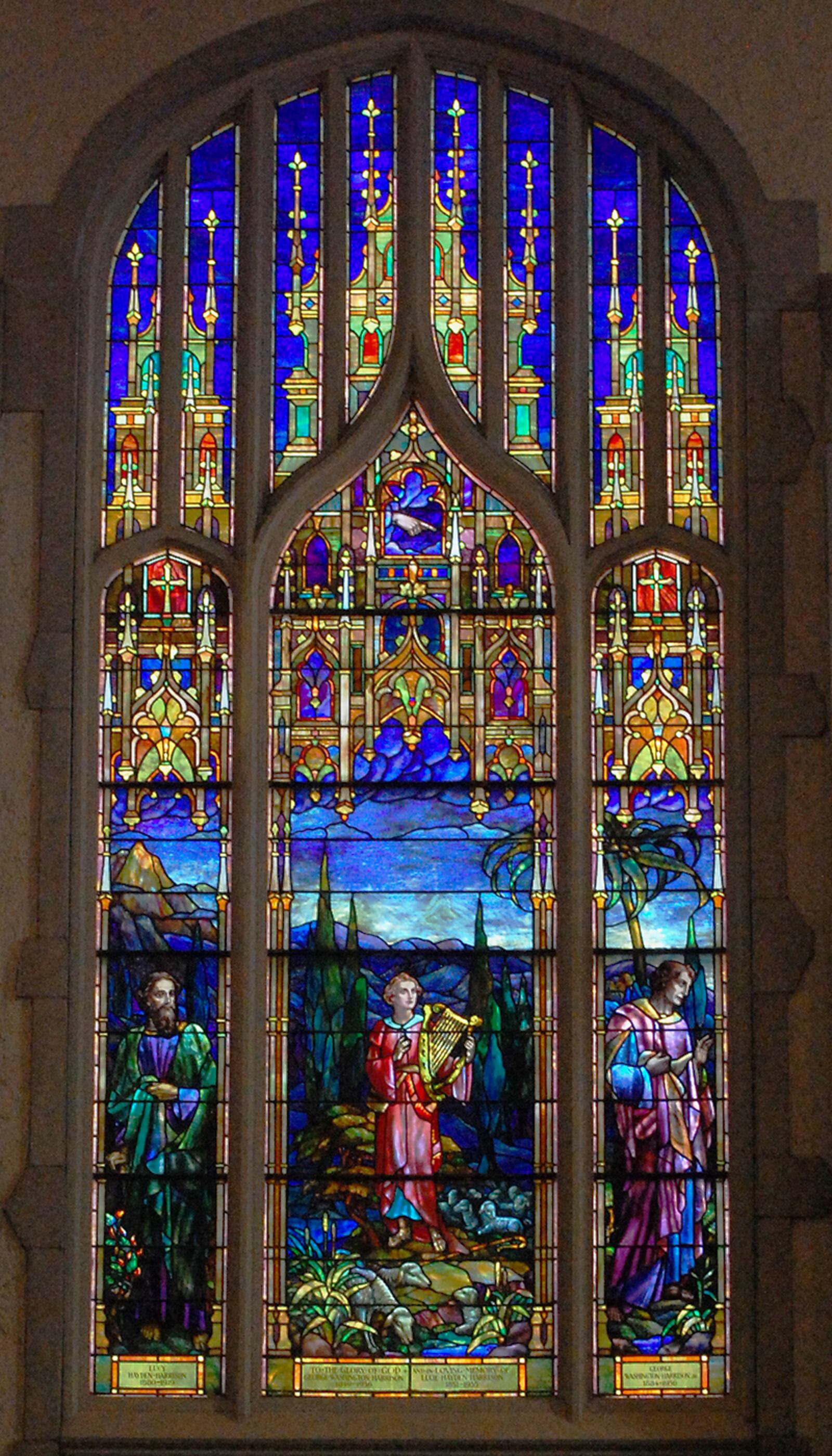 The "Laws, Psalms & Prophets" window at First Presbyterian Church of Atlanta. This window was executed by D'Ascenzo and depicts characters from the Old Testament. From left to right, that's Moses, David with his lyre, and the prophet Isaiah.