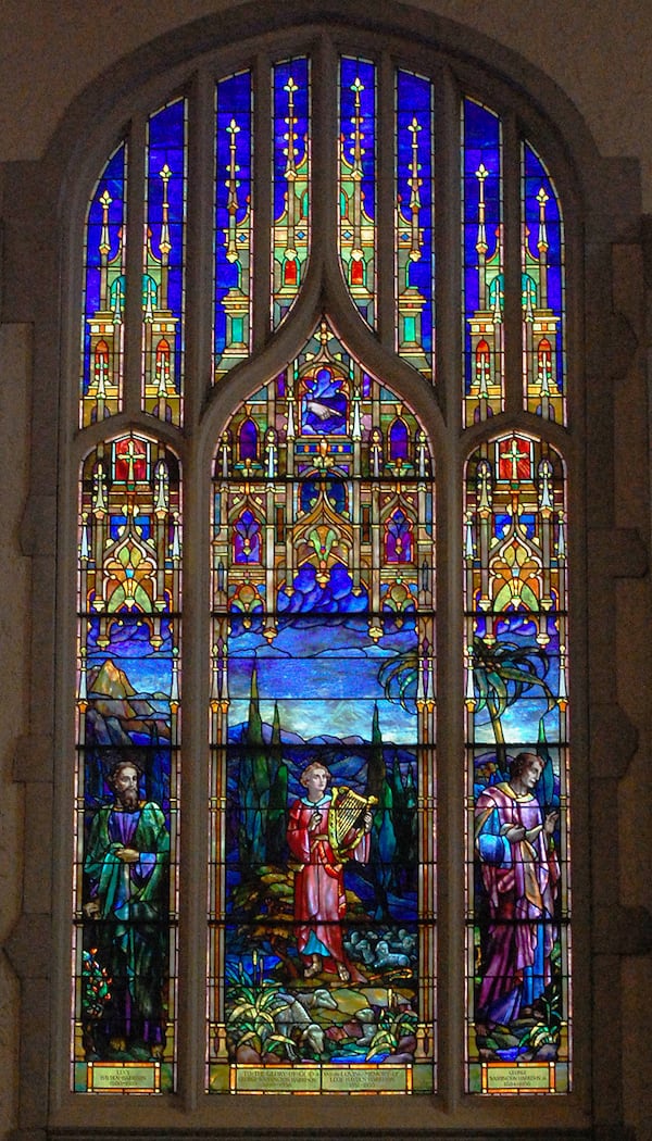 The "Laws, Psalms & Prophets" window at First Presbyterian Church of Atlanta. This window was executed by D'Ascenzo and depicts characters from the Old Testament. From left to right, that's Moses, David with his lyre, and the prophet Isaiah.