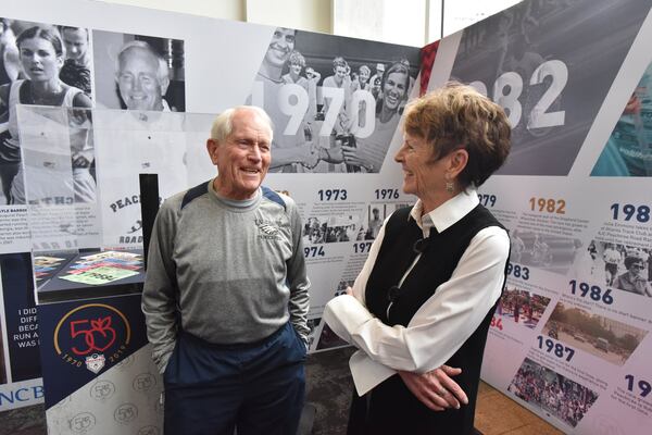 February 15, 2019 Atlanta - Bill Thorn (left), the only person to complete every running of the Peachtree, and Julia Emmons, Long-time AJC Peachtree Road Race Director and former Atlanta City Councilwoman, share a smile as they talk during an unveiling event of traveling display at Lenox Square on Friday, February 15, 2019. Atlanta Track Club unveiled a traveling display detailing the history, legends and legacy of the world’s largest 10K just feet from the Peachtree start line inside Lenox Square on Friday, February 15, 2019 at 10 a.m. HYOSUB SHIN / HSHIN@AJC.COM