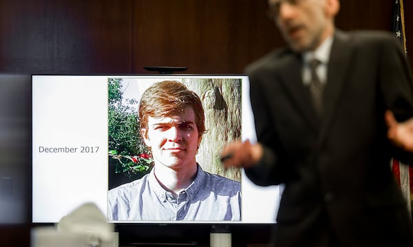 FILE - A 2017 photograph of Samuel Woodward is displayed during Assistant Public Defender Ken Morrison's closing arguments in Woodward's murder trial, at Orange County Superior Court in Santa Ana, Calif., Monday, July 1, 2024. (Leonard Ortiz/The Orange County Register via AP, Pool, File)