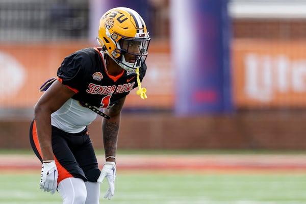 American defensive back Jay Ward of LSU (1) runs drills during practice for the Senior Bowl NCAA college football game Wednesday, Feb. 1, 2023, in Mobile, Ala.. (AP Photo/Butch Dill)