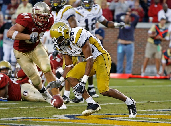 Georgia Tech cornerback Rashaad Reid helped begin the Yellow Jackets' run of success against the Atlantic Division by recovering a fumble in the end zone against Florida State to secure the 31-28 win at Bobby Dodd Stadium in 2008. (Photo by Mike Zarrilli/Getty Images)