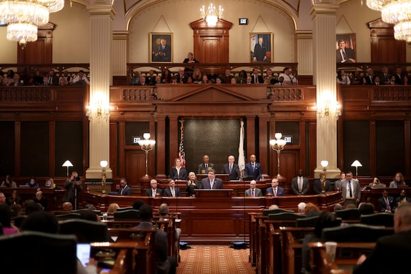 FILE - Illinois Gov. JB Pritzker delivers his State of the State and budget address before the General Assembly at the Illinois State Capitol, Feb. 19, 2025. (Brian Cassella/Chicago Tribune via AP, Pool, File)