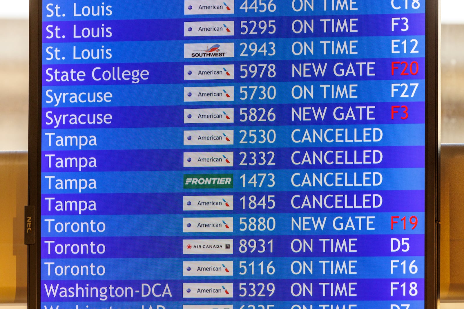 Flight information board with cancelled flights to Tampa is shown on Wednesday, Oct. 9, 2024 at the Philadelphia International Airport. (Alejandro A. Alvarez/The Philadelphia Inquirer via AP)