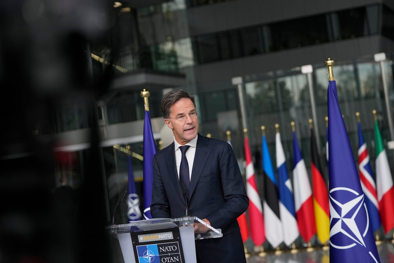 NATO Secretary General Mark Rutte delivers a statement, after a meeting with a high level South Korean delegation including top intelligence and military officials as well as senior diplomats briefed NATO diplomats, at NATO headquarters in Brussels on Monday, Oct. 28, 2024. (AP Photo/Virginia Mayo)