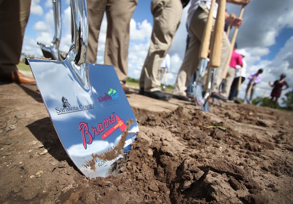 Local elected officials and Atlanta Braves team executives gathered to break ground on the new spring training facility in North Port, Fl. Monday Oct.16, 2017. The $100 million complex is scheduled to be completed in time for spring training 2019.   ( Herald-Tribune photo / Matt Houston )