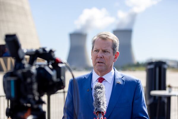 Gov. Brian Kemp speaks to media at Plant Vogtle, operated by Georgia Power Co., in east Georgia's Burke County near Waynesboro, on Wednesday, May 29, 2024. The plant is holding a ceremony marking the completion of the unit 3 and 4 expansion. (Arvin Temkar / AJC)