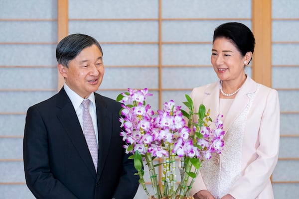 In this photo provided by the Imperial Household Agency of Japan, Emperor Naruhito and Empress Masako pose for a photo at the Imperial Palace in Tokyo, on Feb. 13, 2025, ahead of his 65th birthday on Sunday, Feb. 23. (Imperial Household Agency via AP)