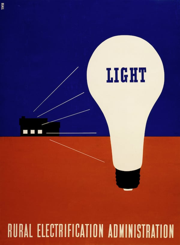 The humble light bulb is celebrated in Lester Beall’s poster “Light”, 1937, promoting the Rural Electrification Administration. Lester Beall (American, 1903-1969), Light – Rural Electrification Administration, 1937, silkscreen on paper, Merrill C. Berman Collection