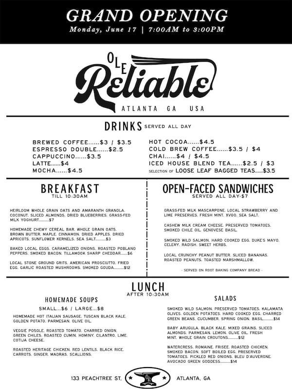 The menu for Ole Reliable