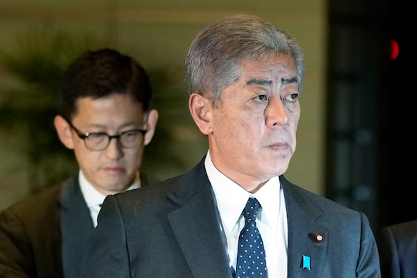 Foreign Minister Takeshi Iwaya arrives at the prime minister's office Monday, Nov. 11, 2024, in Tokyo. (AP Photo/Shuji Kajiyama)