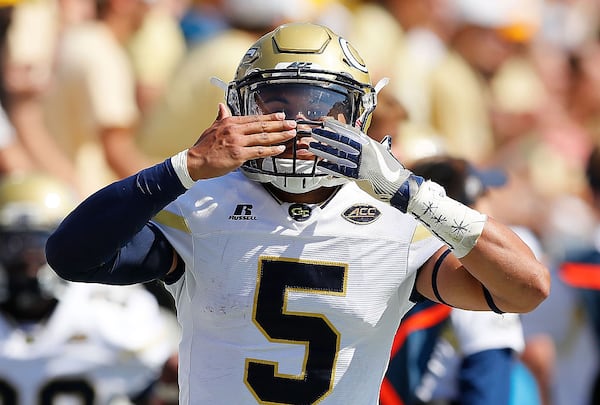 Georgia Tech quarterback Justin Thomas reacts after rushing for a touchdown against the Duke Blue Devils at Bobby Dodd Stadium on October 29, 2016 in Atlanta, Georgia. (Photo by Kevin C. Cox/Getty Images)