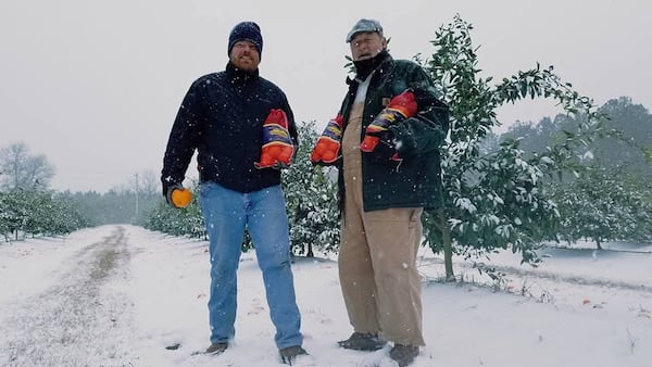 Partners Bill Renz (left) and Joe Franklin are seen in 2018, when snow covered their citrus grove in Statesboro. (Courtesy of Franklin’s Citrus Farm)