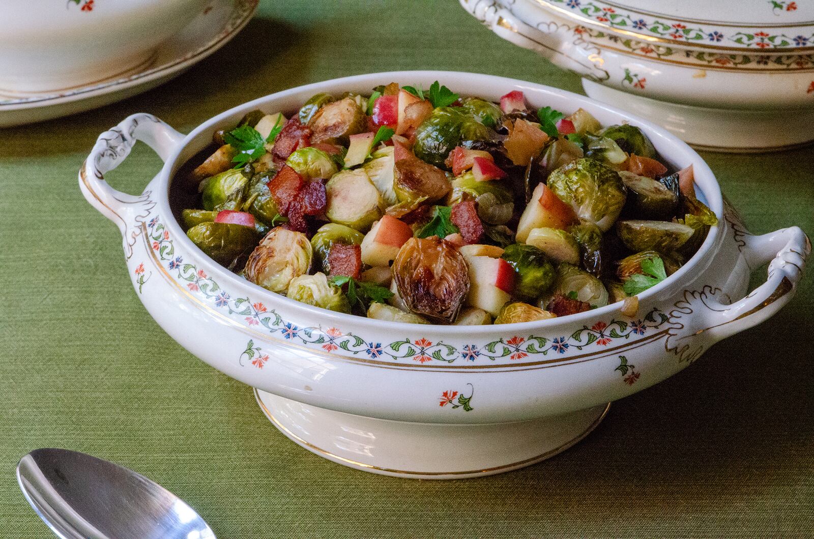 Sweet apples and just enough meaty bacon pair up with Brussels sprouts to make a good and good-for-you Thanksgiving side dish. 
(Virginia Willis for The Atlanta Journal-Constitution)