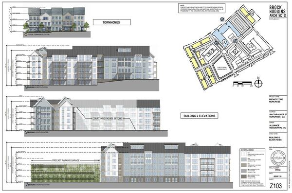 Rezoning documents submitted with the city of Norcross show elevations for the townhomes proposed for the city's former WestRock property. (via city of Norcross)