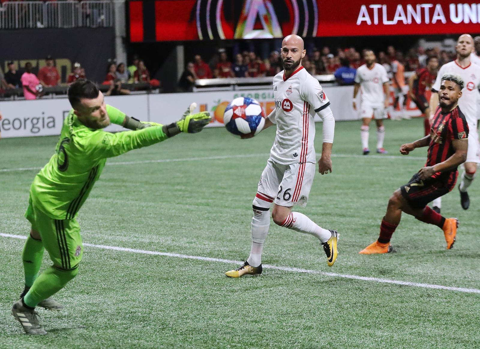 October 30, 2019 Atlanta: Atlanta United forward Josef Martinez looks on as Toronto FC goalkeeper Quentin Westberg deflects the ball during the first half in the Eastern Conference Final on Wednesday, October 30, 2019, in Atlanta.   Curtis Compton/ccompton@ajc.com