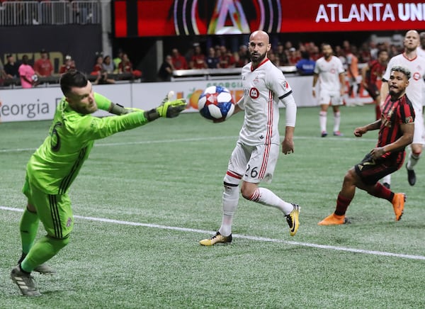 October 30, 2019 Atlanta: Atlanta United forward Josef Martinez looks on as Toronto FC goalkeeper Quentin Westberg deflects the ball during the first half in the Eastern Conference Final on Wednesday, October 30, 2019, in Atlanta.   Curtis Compton/ccompton@ajc.com