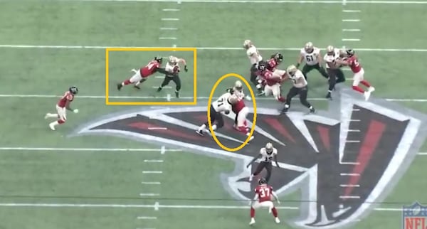 Falcons defensive end Vic Beasley missed his shot at Saints backup quarterback Taysom Hill, who was in the game to run the ball. Free safety Damontae Kazee missed, too. Linebacker Duke Riley got sealed inside on a double-team block. Hill rambled for a 35-yard gain.