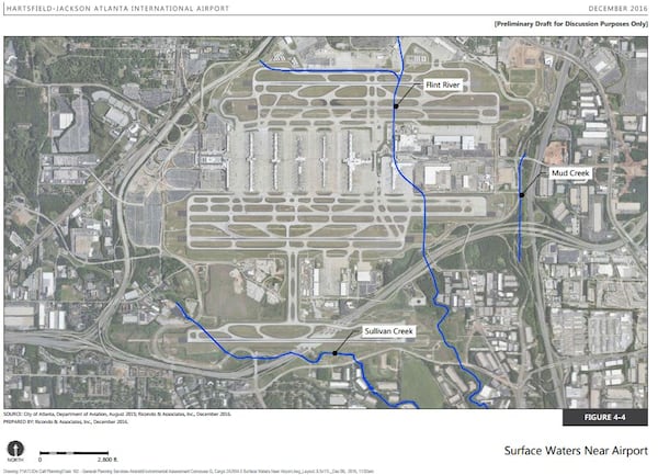 A map showing the path of the Flint River, which flows underneath Hartsfield-Jackson