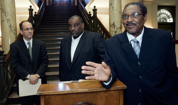 FILE - Robert Clark, former Speaker Pro-Tem of the Mississippi House, right, speaks at the Capitol in Jackson, Miss., Wednesday, June 3, 2009. (AP Photo/Rogelio V. Solis, File)