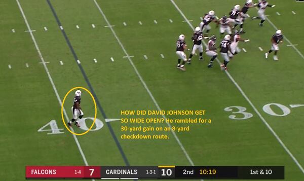 How did Cardinals running back David Johnson get so wide open? (Screen grab from gamepass.nfl.com Fox Broadcast)