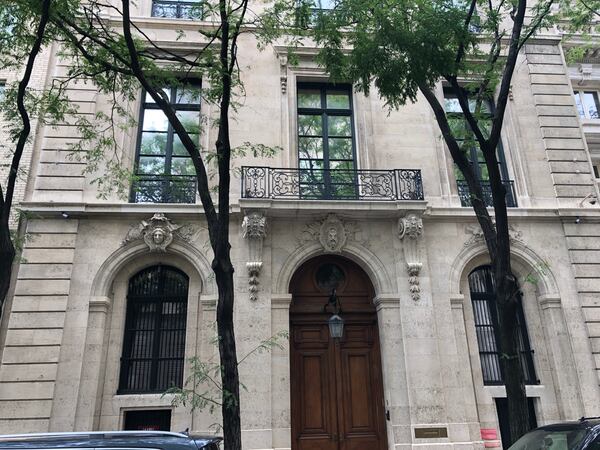 The entrance of a four-story house in Manhattan previously owned by Jeffrey Epstein on the Upper East Side.