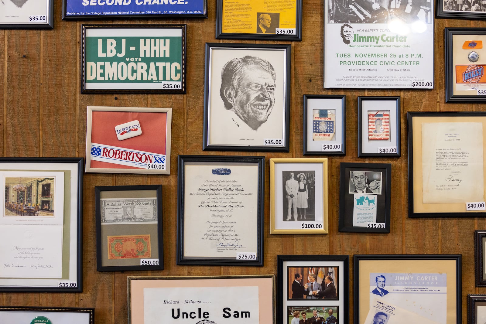 The Plains Trading Post has drawn customers from all 50 states and more than 60 countries to see its collection of political buttons, signs, posters, magnets and more. (Arvin Temkar / arvin.temkar@ajc.com)