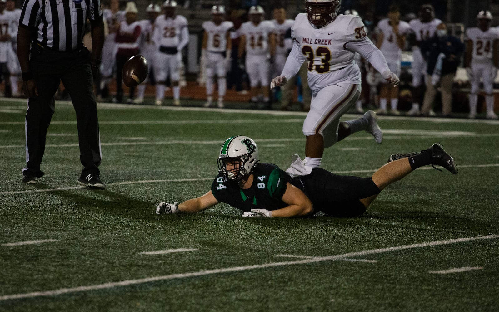 Zeke Moore, sophomore tight end for Roswell, misses a catch during the Mill Creek vs. Roswell high school football game on Friday, November 27, 2020, at Roswell High School in Roswell, Georgia. Mill Creek led Roswell 27-21 at the end of the third quarter. CHRISTINA MATACOTTA FOR THE ATLANTA JOURNAL-CONSTITUTION