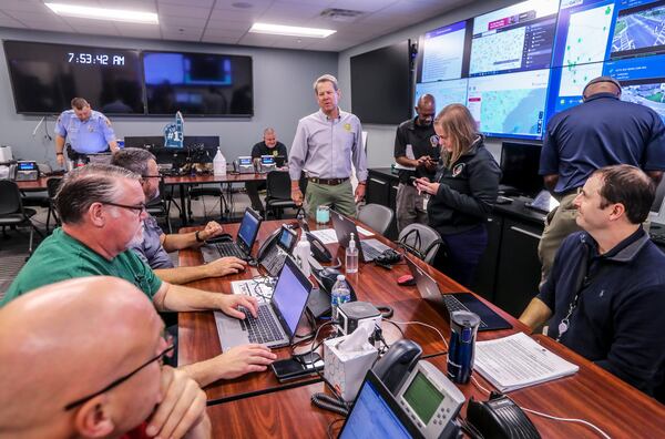 Gov. Brian Kemp touring the GEMA facility on Wednesday, Sept. 28, 2022 urged Georgians to take caution as Hurricane Ian gains intensity off the western coast of Florida, threatening to bring torrential rain, dangerous storm surges and sweeping winds to the state this week.  Kemp said the state is preparing for an influx of evacuees from Florida, though he said there hasn’t been a significant traffic boost yet. ”We are prepared. We are ready. (John Spink / John.Spink@ajc.com)

