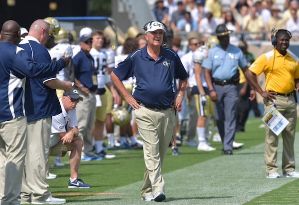 September 23, 2017 Atlanta - Georgia Tech head coach Paul Johnson reacts in the second half of an NCAA college football game at Bobby Dodd Stadium on Saturday, September 23, 2017. Georgia Tech won 35 - 17 over the Pittsburgh. HYOSUB SHIN / HSHIN@AJC.COM