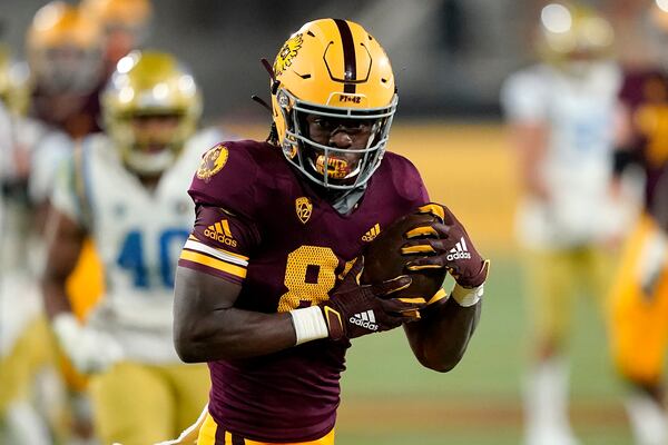 Arizona State wide receiver Frank Darby (84) against UCLA during the second half of an NCAA college football game, Saturday, Dec. 5, 2020, in Tempe, Ariz. UCLA won 25-18. (AP Photo/Matt York)